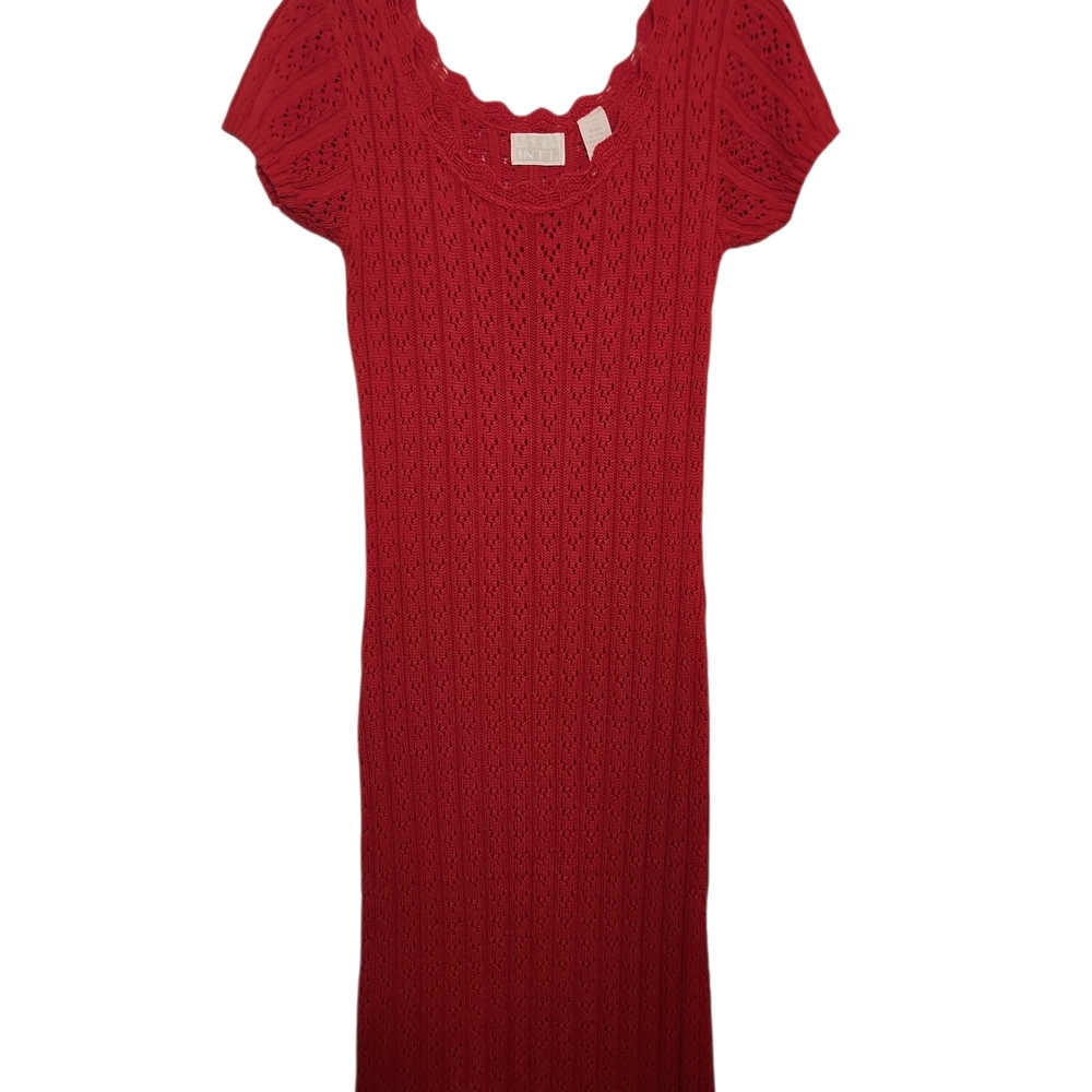 VTG MODA INT'L Red Knit Short Sleeve Scalloped Neckline Midi Dress Size S